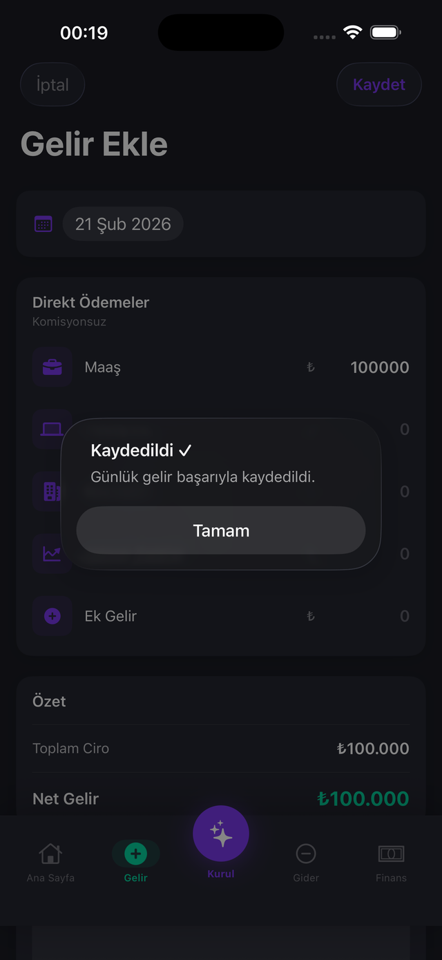 Gelir gider takibi uygulaması — yeni gelir kaydı ekleme ekranı