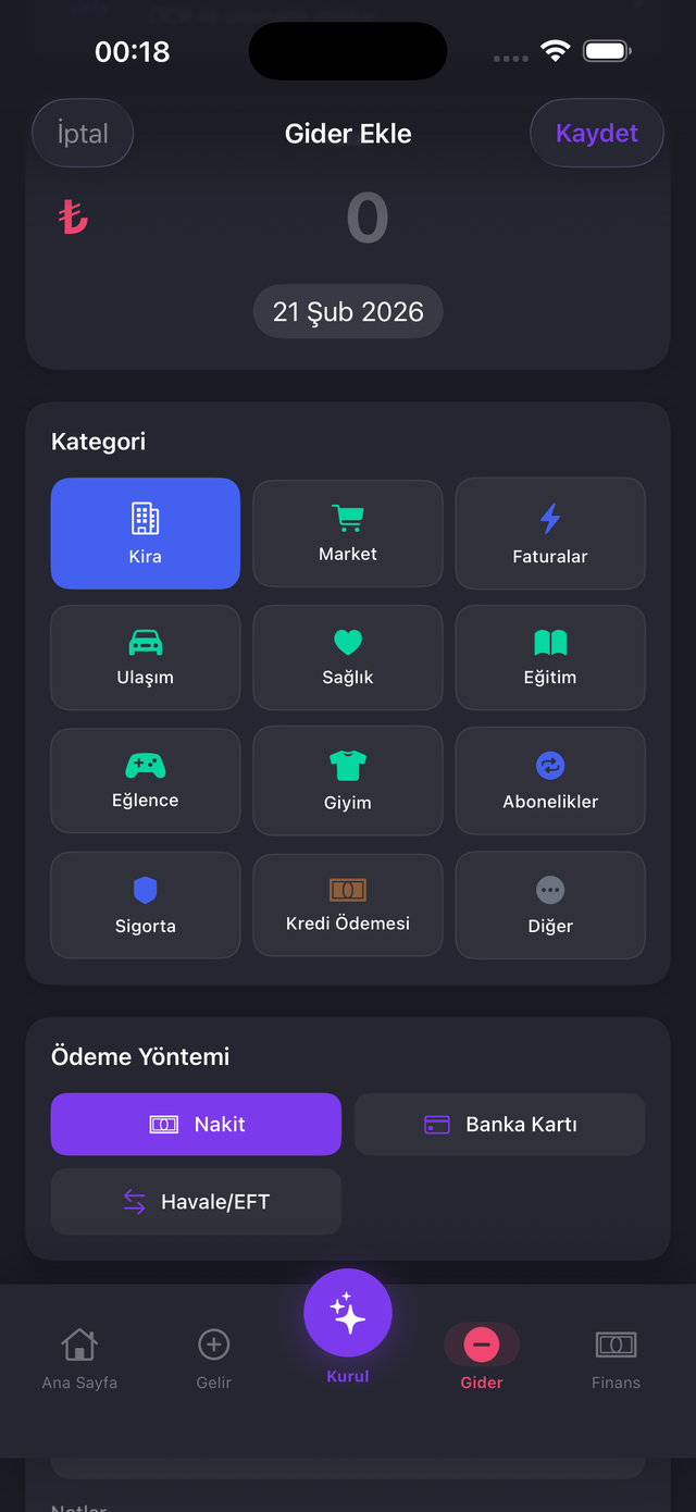 12 kategoride gider takibi — kira, market, faturalar, ulaşım, sağlık ve daha fazlası
